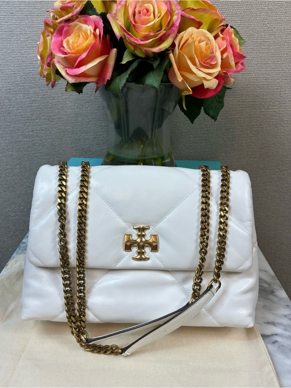 Tory Burch White Quilted Leather Shoulder Bag with Gold Chain